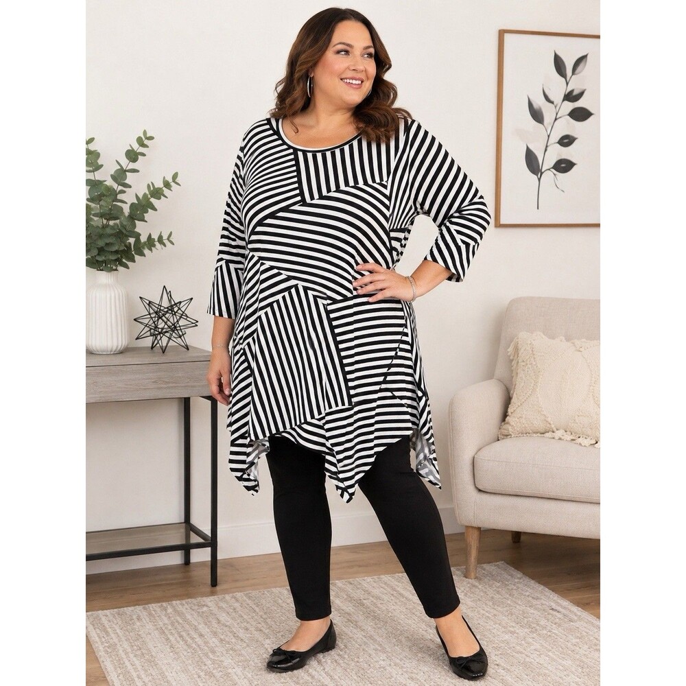 Woman Within 4X Black White Striped Tunic Top 3/4 Sleeve Asymmetrical Plus Sizes